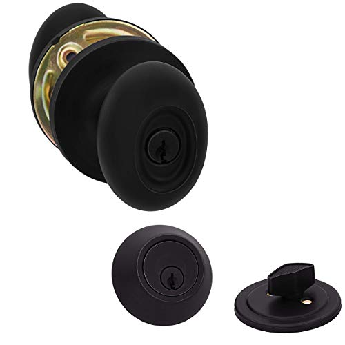 AmazonBasics Exterior Door Knob With Lock and Deadbolt, Oval Egg, Matte Black