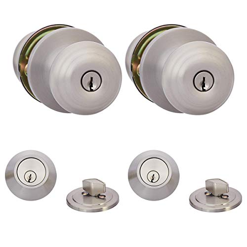 Amazon Basics Exterior Knob With Key Lock and Deadbolt, Classic, Set of 2, Satin Nickel