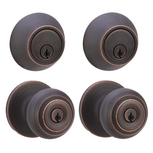 Amazon Basics Keyed Alike Exterior Knob with Key Lock and Deadbolt, Classic, Oil Rubbed Bronze, Set of 2