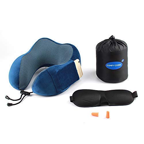 Ergonomic Travel Neck Pillow Set | Flight Kit Includes Eye Mask, Earplugs & Carry Bag | Memory Foam U Cushion Head/Neck Support | Anti-Sweat Cover with Magnetic Therapy Fabric | Cellphone Side Pocket