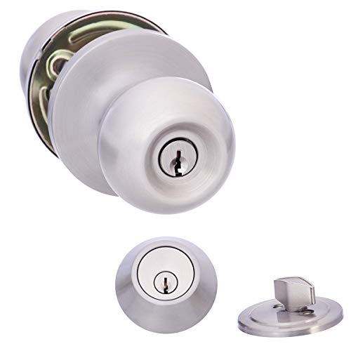 AmazonBasics Exterior Door Knob with Lock and Deadbolt, Standard Ball, Satin Nickel