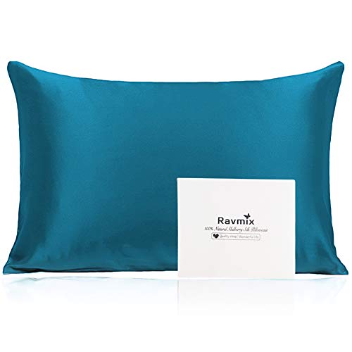 Book Cover Ravmix Pillowcase King Size Both Sides 100% Pure Mulberry Silk Pillow Cover Case 21 Momme Hypoallergenic Good for Hair and Skin with Hidden Zipper, 1pcs, Peacock Blue
