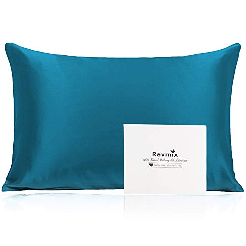 Ravmix Pillowcase King Size Both Sides 100% Pure Mulberry Silk Pillow Cover Case 21 Momme Hypoallergenic Good for Hair and Skin with Hidden Zipper, 1pcs, Peacock Blue