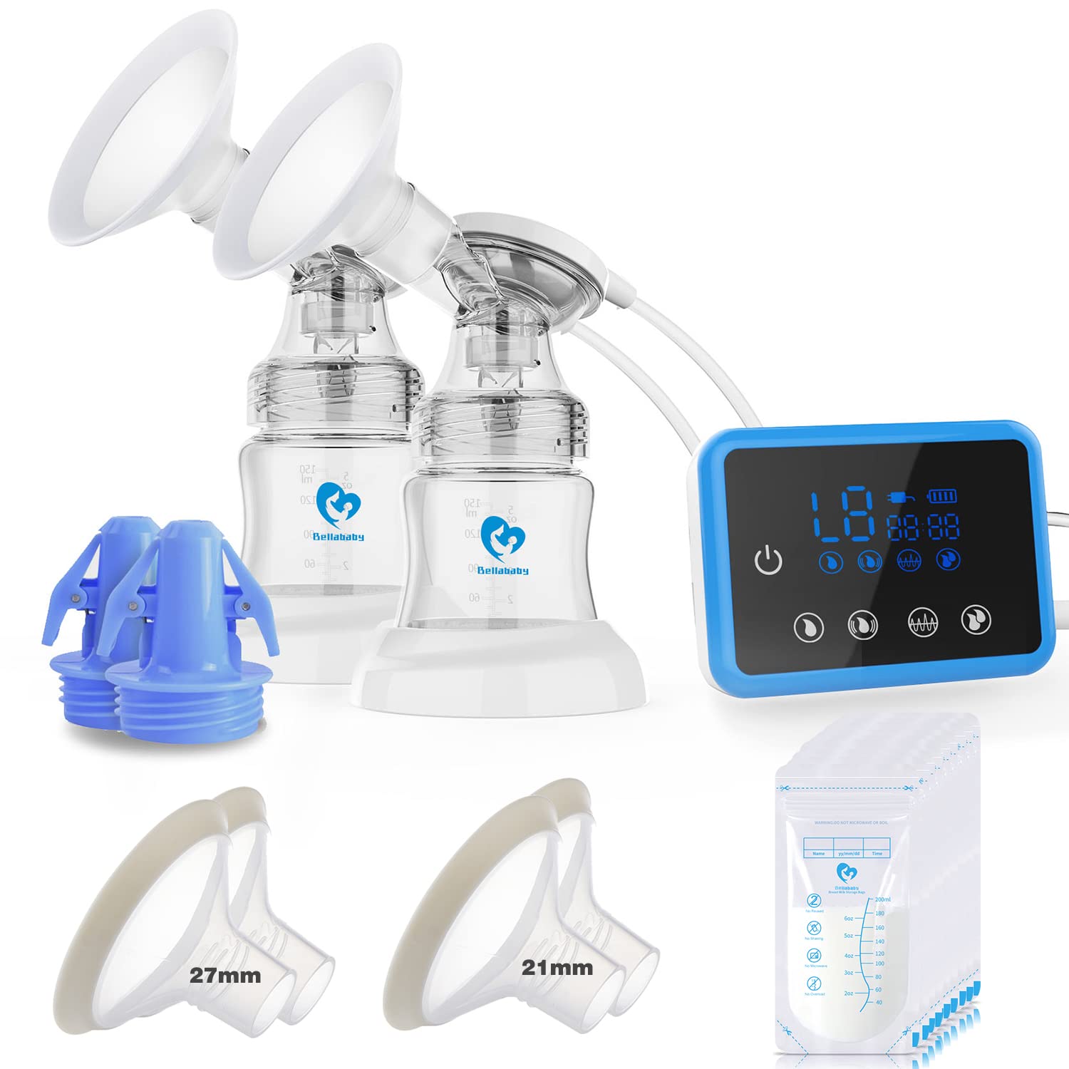 Bellababy Double Electric Breast Feeding Pumps with 21mm,24mm,27mm Flanges,Touch Screen,Pain Free Strong Suction 4 Models 9 Levels Strength Blue