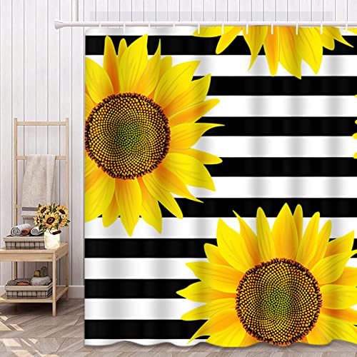 Emvency 66"x72" Shower Curtain Waterproof Home Decor Brown Bright Sunflowers On Striped Black and White Pattern Orange Sun Beautiful Picture Print Polyester Fabric Adjustable Hook Set