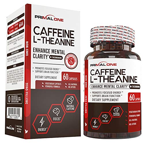 Caffeine Pills with L-Theanine & Theobromine for Sustained Energy & Focus - Non-Crash Natural Nootropic Energy & Brain Booster Supplement for Men & Women - 60 Veggie Pills