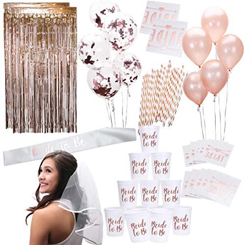 Rose Gold Pink Bachelorette Party Supplies Decorations Kit | Balloons, Backdrop, Cups, Straws, Tattoos, Sash, and Veil