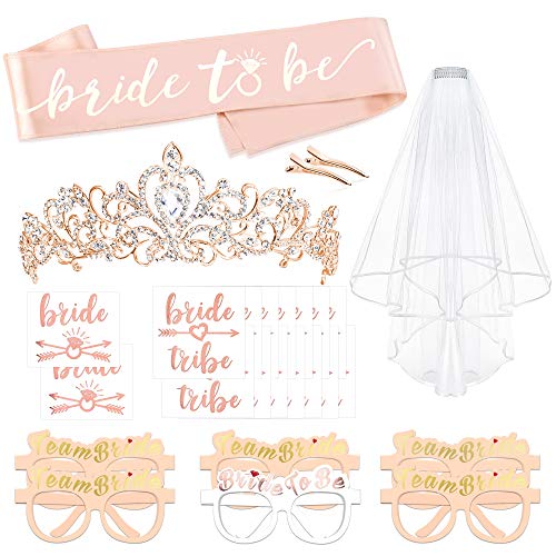 Rose Gold Bachelorette Party Decorations Kit, Konsait Bridal Shower Favor Supplies Gift Hen Party Bachelorette Accessories| Metal Rhinestone Tiara | Bride to Be Sash Metallic Team Bride Tattoos