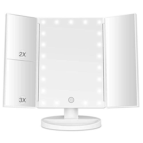 BESTOPE Makeup Vanity Mirror with Lights, 2X/3X Magnification, 21 Led Lighted Mirror with Touch Screen,180° Adjustable Rotation,Dual Power Supply,Portable Trifold Mirror