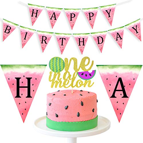 Watermelon 1st Birthday Decorations - One in a Melon Cake Topper Watermelon Happy Birthday Banner