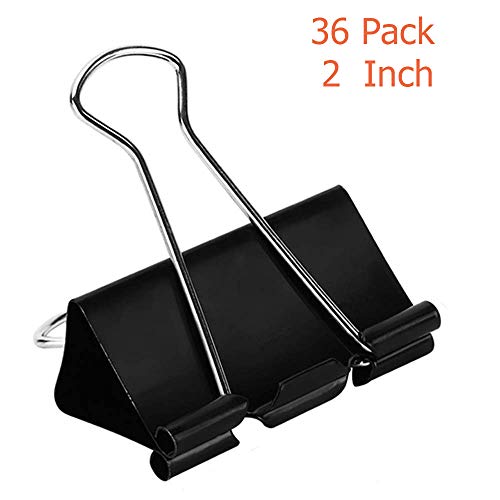 Book Cover Extra Large Binder Clips (36 Pack) 2 Inch, Big Paper Clamps for Office Supplies, Black