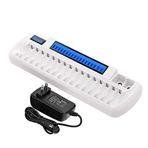 BONAI 16+2 Bay Smart Rechargeable Battery Charger with LCD Display for AA AAA NiMH NiCD Batteries & Li-ion 9V Rechargeable Batteries with AC Wall Adapter nimh Battery Charger