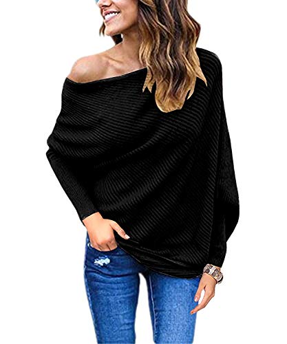 GOLDSTITCH Women's Off Shoulder Batwing Sleeve Loose Pullover Sweater Knit Jumper Oversized Tunics Top