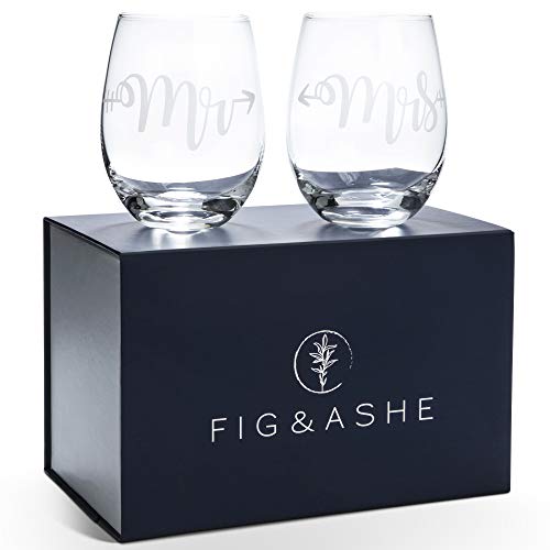 Elegant "Mr and Mrs" Wine Glasses, Set of 2, Stemless, For Wedding, Engagement, Newlyweds - Matching "Him and Her" Etched Crystal Glass Set for Bride, Groom - Beautiful Glassware Sets