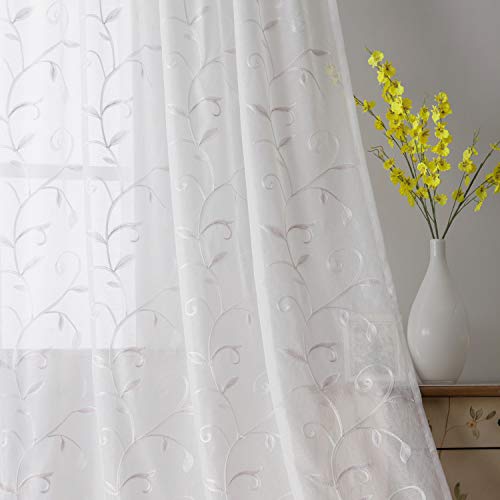 Book Cover VISIONTEX White Sheer Voile Curtains, Decor Light Blush Pink Leaves Embroidery Faux Linen Rod Pocket Window Drapes for Home Kitchen, Living Room and Girls Bedroom 54 x 84 Inch, Set of 2 Curtain Panels
