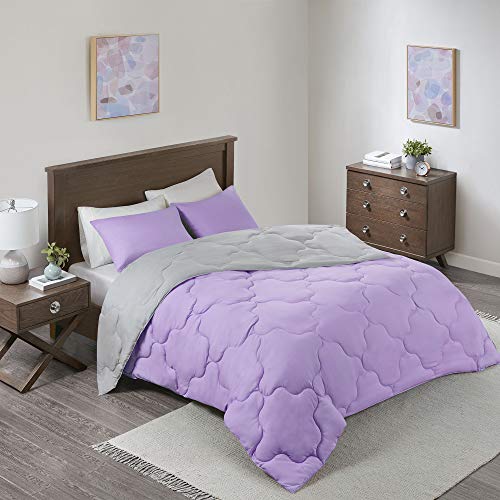 Book Cover Comfort Spaces Vixie Reversible Comforter Set - Modern Geometric Quaterfoil Cloud Quilted Design, All Season Down Alternative Bedding, Matching Shams, Lavender Full/Queen(90