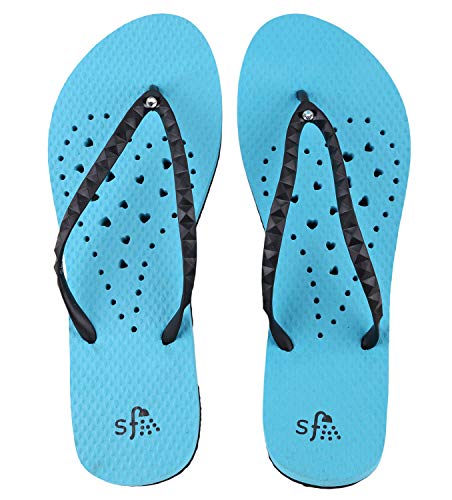 Book Cover Showaflops Womens' Antimicrobial Shower & Water Sandals for Pool, Beach, Dorm and Gym - Aqua/Black Long Heart 9/10