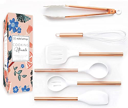 STYLED SETTINGS White Silicone and Copper Kitchen Utensils Set for Modern Cooking and Serving - 6 PC Copper Cooking Utensils Set for Non-Stick Cookware - Copper Kitchen Accessories and Decor