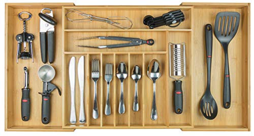 Book Cover KitchenEdge Cutlery Tray and Utensil Organiser for Kitchen Drawers, Expandable to 33 Inches Wide, 11 Compartments, 100% Bamboo