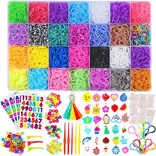 11900+ Rainbow Rubber Bands Refill Kit, 11,000 Loom Bands, 600 S-Clips, 52 ABC Beads, 30 Charms, 10 Backpack Hooks, 200 Beads, 5 Tassels, 5 Crochet Hooks, 3 Hair Clips, ABC Stickers By INSCRAFT
