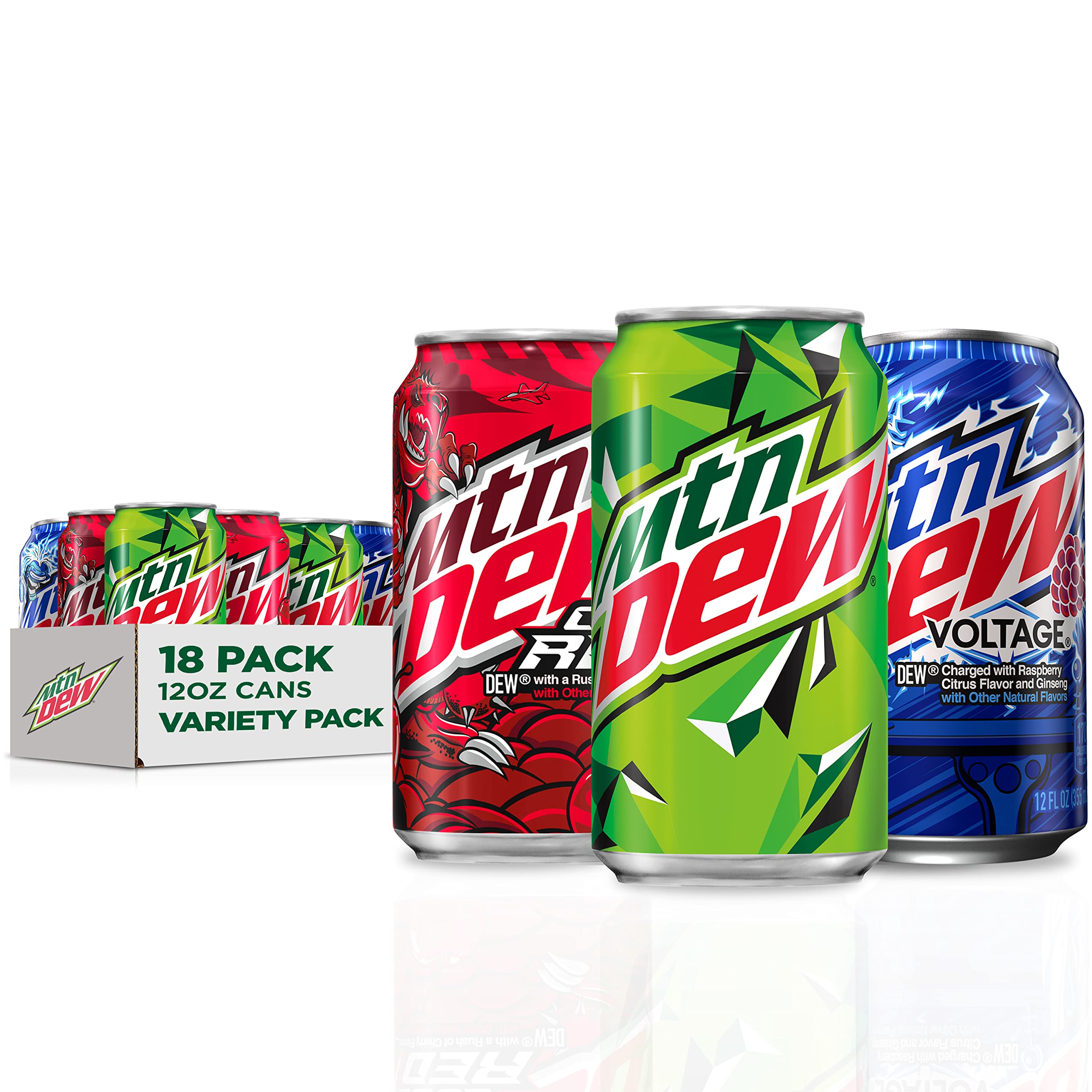 Book Cover Mountain Dew 3 Flavor Core Variety Pack (Dew, Code Red, Voltage), 12 Fl Oz (Pack of 18) Dew Core Variety Pack