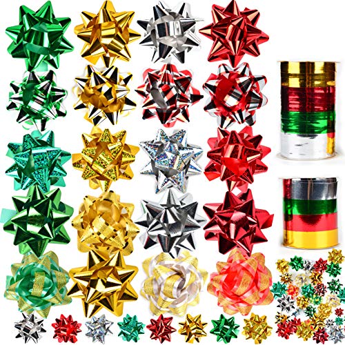 Book Cover JOYIN 48 Self Adhesive Bows with 8 Rolls of Curling Ribbons for Christmas, Bows, Baskets, Wine Bottles Decoration, Gift Wrapping and Decoration Present
