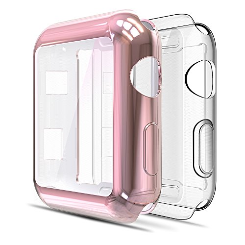Book Cover 2-Pack Simpeak Compatible Apple Watch Screen Protector Case 38mm, [All-Around] Soft Screen Protector Bumper Cover for 38mm Apple Watch Series 2/Series 3, Clear+Rose Gold