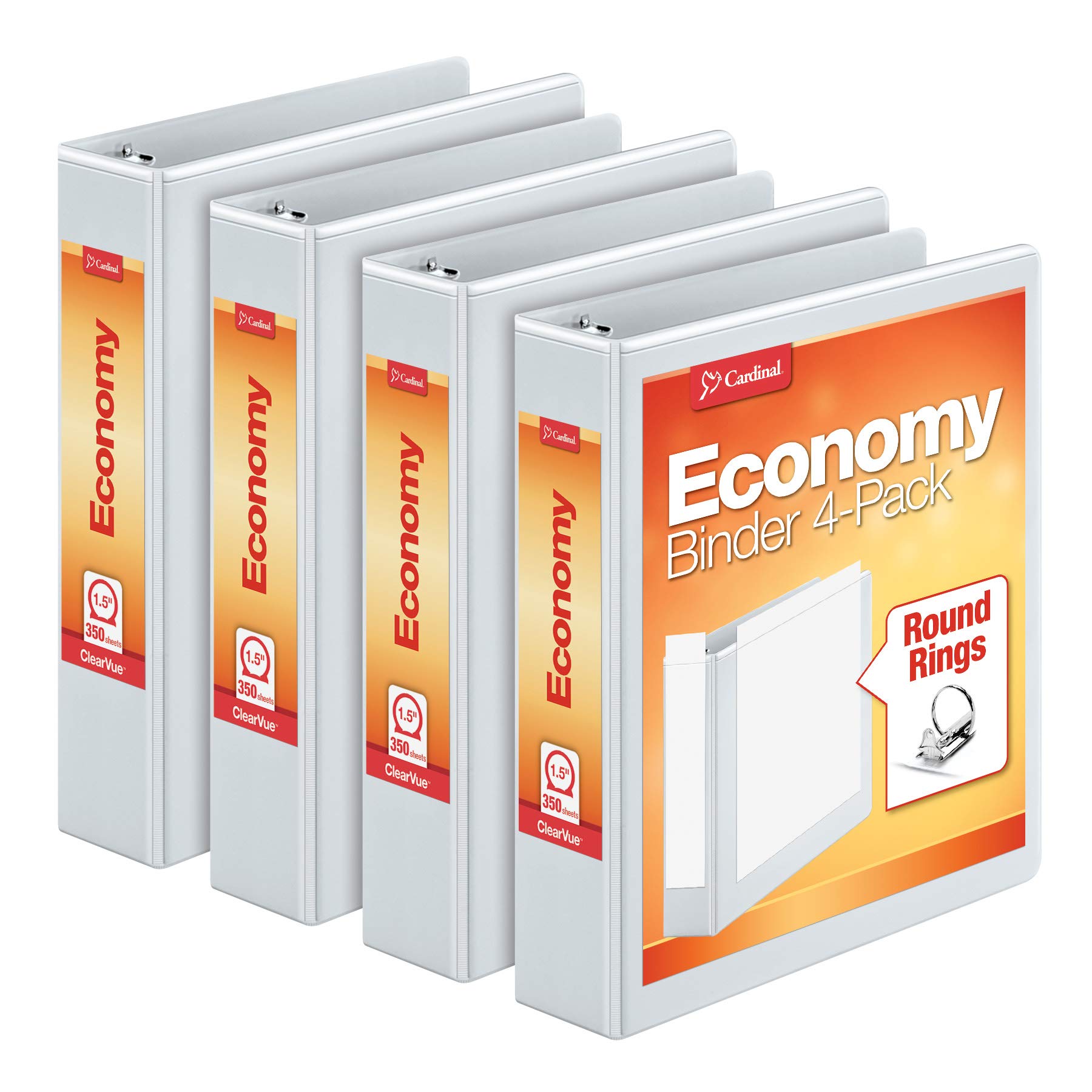 Cardinal 1.5 Inch 3 Ring Binder, Round Ring, White, 4 Pack, Holds 350 Sheets (79517) 1.5-Inch Binder
