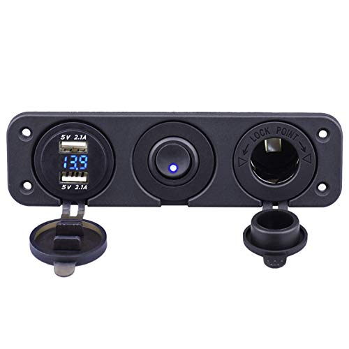 Cllena Dual USB Socket Charger 4.2A & LED Voltmeter + 12V Power Outlet + ON-Off Rocker Toggle Switch Four Functions Panel for Car Marine Boat RV Truck Camper Vehicles (Blue)