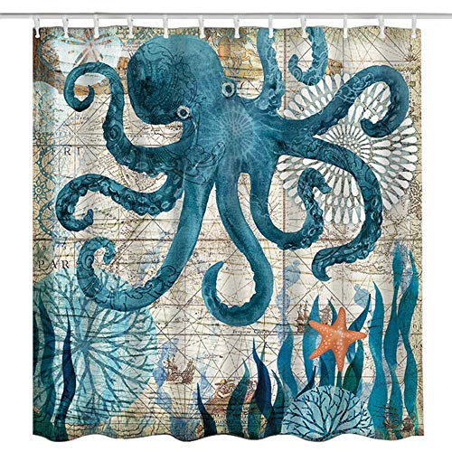 Octopus Shower Curtain, 71" x 71", Ocean Animal Beach Landscape Sea Theme Shower Curtain, Waterproof Washable Polyester Fabric Non Toxic Eco-Friendly No Odor Sea Octopus Bathroom Decor with 12 Hooks