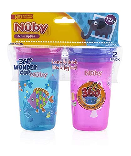 Nuby No Spill 360 Degree Printed Wonder Cup (2 Pack) (Aqua/Pink)