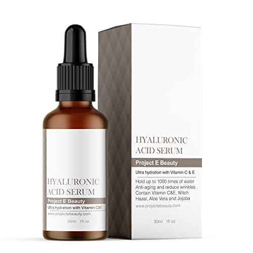 Hyaluronic Acid Serum by Project E Beauty | Anti-Aging Serum for the Face & Eyes | Plumping & Hydrating Facial Skin Care | Removes Dark Spots & Wrinkles | Vitamin C & E| Whiteing | For Dry Skin | 1oz