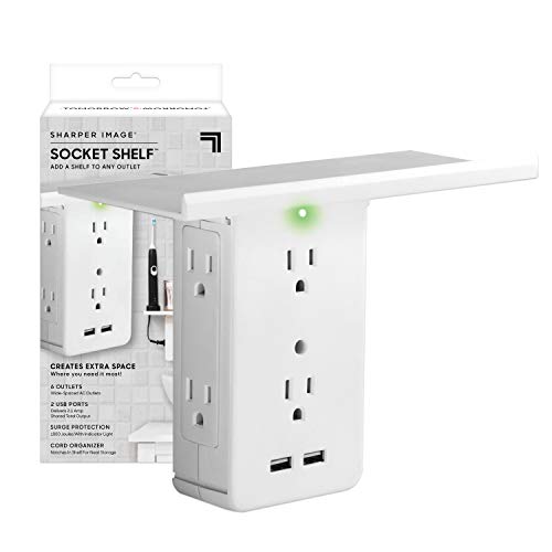 Book Cover Socket Shelf- 8 Port Surge Protector Wall Outlet, 6 Electrical Outlet Extenders, 2 USB Charging Ports & Removable Built-in Shelf UL Listed