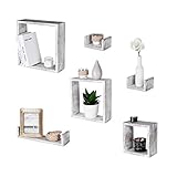 Rustic Floating Shelves - Set of 6 Wall Mounted White Hanging Wood Shelves - Decorative Art Wooden Shelf Set - Farmhouse Home Decor for Living Room Kitchen Bathroom or Bedroom
