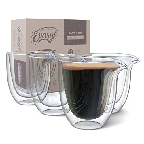 Easy Pour Espresso Cups Set of 4 - Clear Insulated 2.6oz Espresso Shot Glasses - Double Wall Espresso Cups Sets - Demitasse Glass Espresso Cup for Coffee, Tea Lungo Mugs - Espresso Machine Accessories