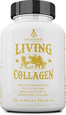 Ancestral Supplements Grass Fed Beef Living Collagen Nutritional Powder Supplement, Promotes Healthier and Younger Looking Skin, Hair, Nails and Joints, Types I,II,III,V, and X, 180 Capsules