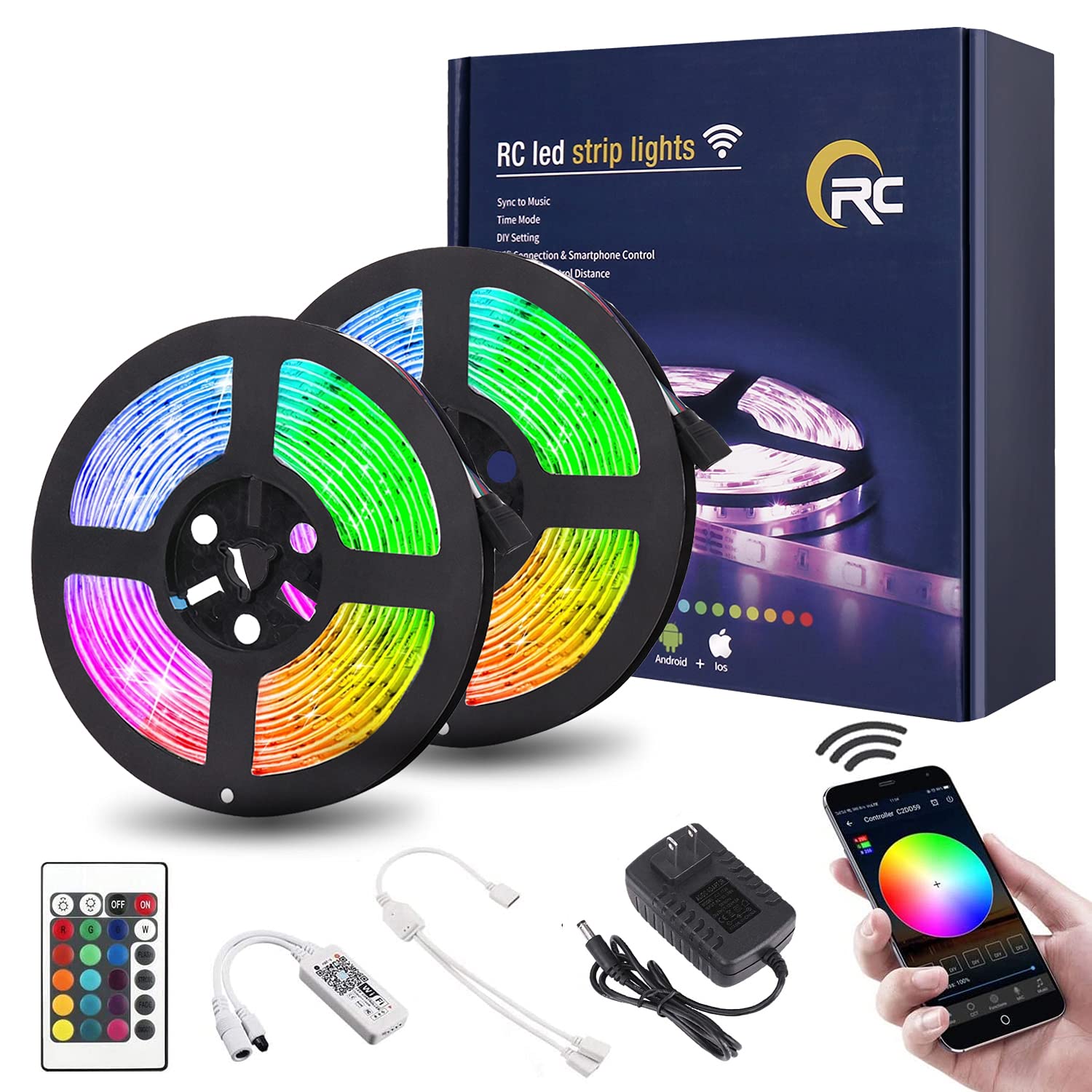 RC WiFi Wireless LED Strip Lights, Color Changing 32.8ft IP65 Waterproof Flexible Light Strips SMD5050 300LEDs with RGB Smart Controller 24Key IR Remote, Works with Android, iOS, Alexa, Siri, IFTTT