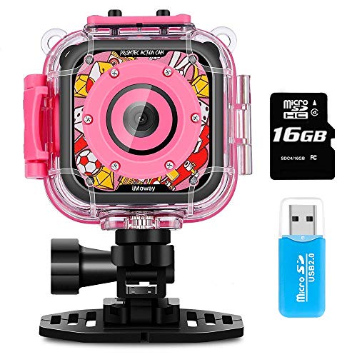 Kids Camera, iMoway Waterproof Video Cameras for Kids HD 1080P Kids Digital Cameras Camcorder with 16GB Memory Card, Card Reader and Floating Hand Grip (Pink)