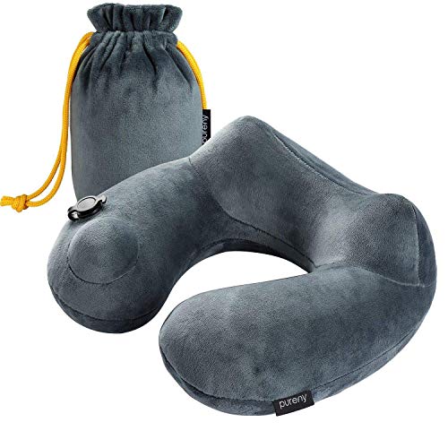 Purefly Inflatable Travel Pillow Soft Velvet Neck Support Pillows for Airplanes Car and Home Washable Cover with Portable Pack sack