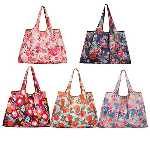 Reusable Shopping Bags,5 Pack Eco Friendly Large Floral Tote Bag Foldable into Attached Pouch Heavy Duty Nylon Groceries Bag Fits in Pocket