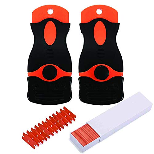 BEoffer 2 Pack Razor Blade Scrapers + 100 Pack Plastic Replacement Blades Stickers Decals Paint Labels Scraper Removal Tool for Auto Window Glass Tint Vinyl Tool NO Scratched