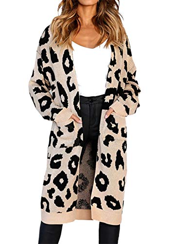 BTFBM Women Long Sleeve Open Front Leopard Knit Long Cardigan Casual Print Knitted Maxi Sweater Coat Outwear with Pockets