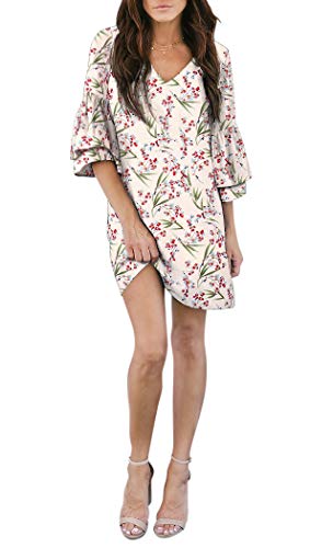 BELONGSCI Women's Dress Sweet & Cute V-Neck Bell Sleeve Shift Dress Mini Dress