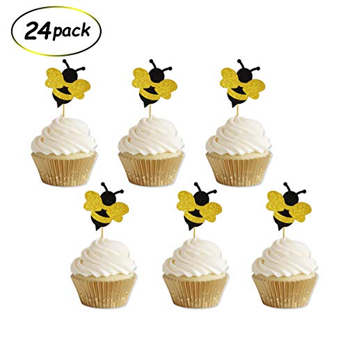 Glitter Bumble Bee Cupcake Toppers for Bumble Bee Gender Reveal Baby Shower Birthday Party Decor 24 Counts