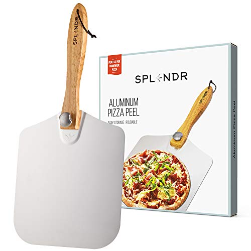 Book Cover SPLENDR Aluminum Metal Pizza Peel with Foldable Wood Handle 12 Inch x 14 Inch Great Gift for Homemade Pizza Lovers. Easy Storage Pizza Paddle for Baking Bread