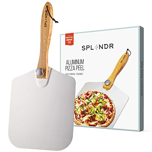 SPLENDR Aluminum Metal Pizza Peel with Foldable Wood Handle 12 Inch x 14 Inch Great Gift for Homemade Pizza Lovers. Easy Storage Pizza Paddle for Baking Bread