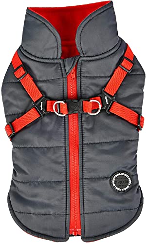Puppia Mountaineer Winter Dog Coat with Integrated Harness No Pull Cold Weather Waterproof Warm Fleece Back Zipper for Small & Medium Dog, Grey, XX-Large
