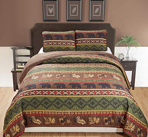 Book Cover Rustic Western Southwestern Brown Quilt Set With Native American Designs Grizzly Bears and Pinecone Prints Extra Long Twin Bedspread 2 Piece Bear Twin