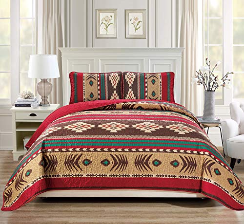 Book Cover Rugs 4 Less Western Southwestern Native American Tribal Navajo Design Oversize Quilted Bedspread in Brown Green and Burgundy Mojave (Full / Queen)