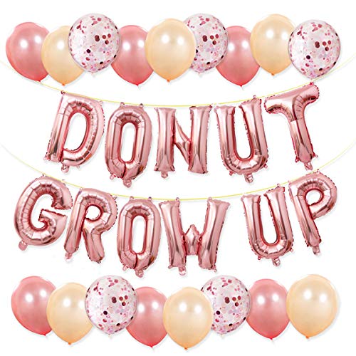 Donut Party Supplies - Donut Grow Up Balloons Banner Rose Gold, 20 Latex Balloons with 5 Confetti Balloons for Baby Shower Donut Grow Up Birthday Party Decorations
